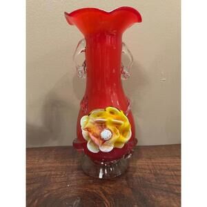 Vintage Emerald Red Floral Murano Vase